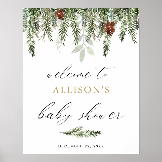 Greenery pine tree winter baby shower welcome sign (Front)