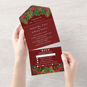Greenery Pine Winter Dark Red Watercolor Wedding All In One Invitation