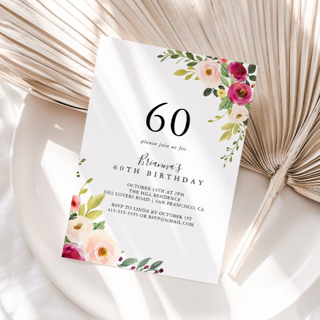 Greenery Pink Blush Floral 60th Birthday Party Invitation (Creator Uploaded)