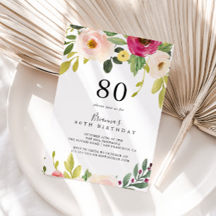 Greenery Pink Blush Floral 80th Birthday Party Invitation