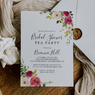 Greenery Pink Blush Floral Bridal Shower Tea Party Invitation