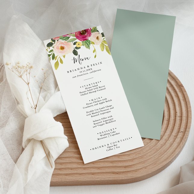 Greenery Pink Blush Floral Dinner Menu (Creator Uploaded)