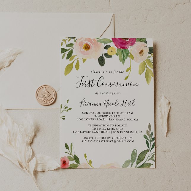 Greenery Pink Blush Floral First Communion Invitation (Creator Uploaded)