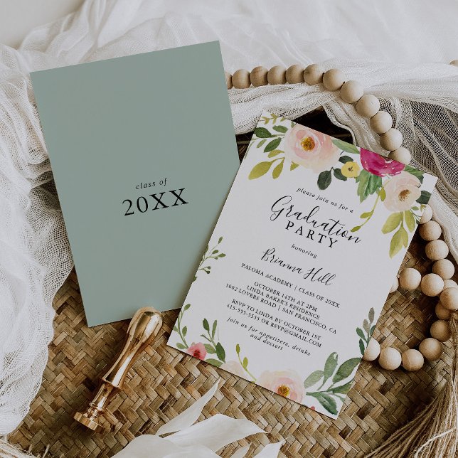 Greenery Pink Blush Floral Graduation Party Invitation (Creator Uploaded)