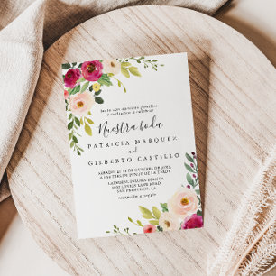 Greenery Pink Blush Floral Nuestra Boda Wedding Invitation
