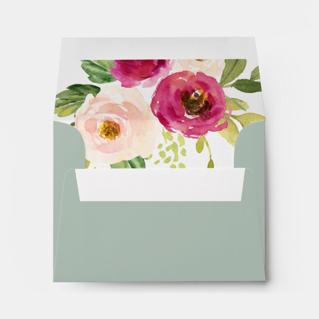 Greenery Pink Blush Floral Self-Addressed RSVP Envelope (Back (Bottom))