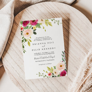 Greenery Pink Blush Floral Traditional Wedding Invitation