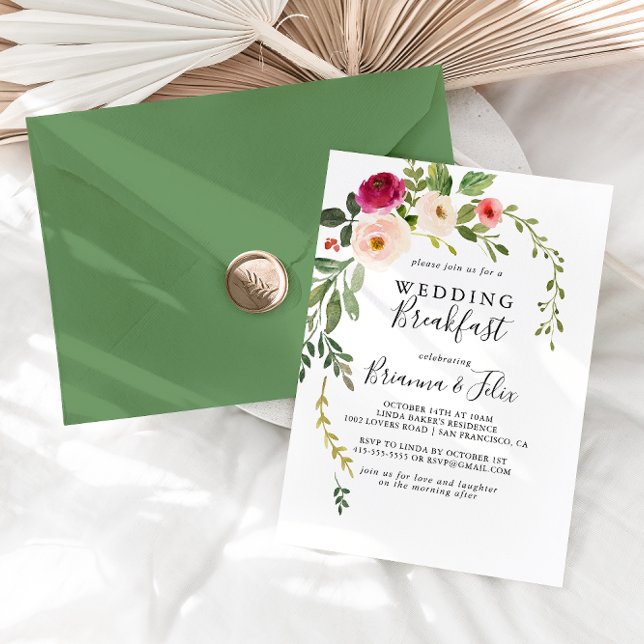 Greenery Pink Blush Floral Wedding Breakfast Invitation (Creator Uploaded)