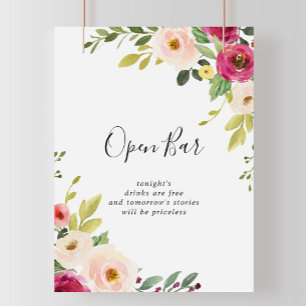 Greenery Pink Blush Floral Wedding Open Bar Sign