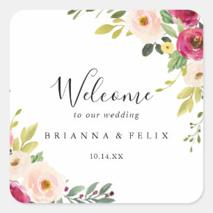 Greenery Pink Blush Floral Wedding Welcome Square Sticker