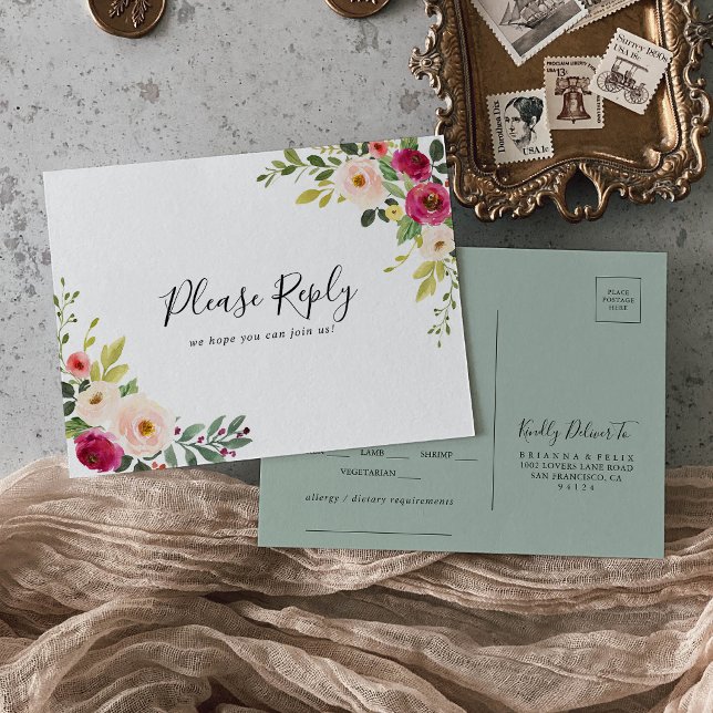 Greenery Pink Blush Menu Choice RSVP Postcard (Creator Uploaded)