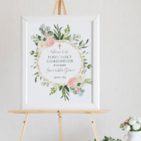 Greenery pink first communion baptism welcome sign