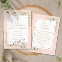 Greenery Pink First Holy Communion Prayer Card