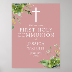 Greenery Pink First Holy Communion Welcome Sign