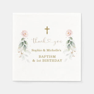 Greenery Pink Floral Gold Baptism 1st Birthday  Napkin