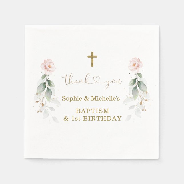 Greenery Pink Floral Gold Baptism 1st Birthday  Napkin (Front)