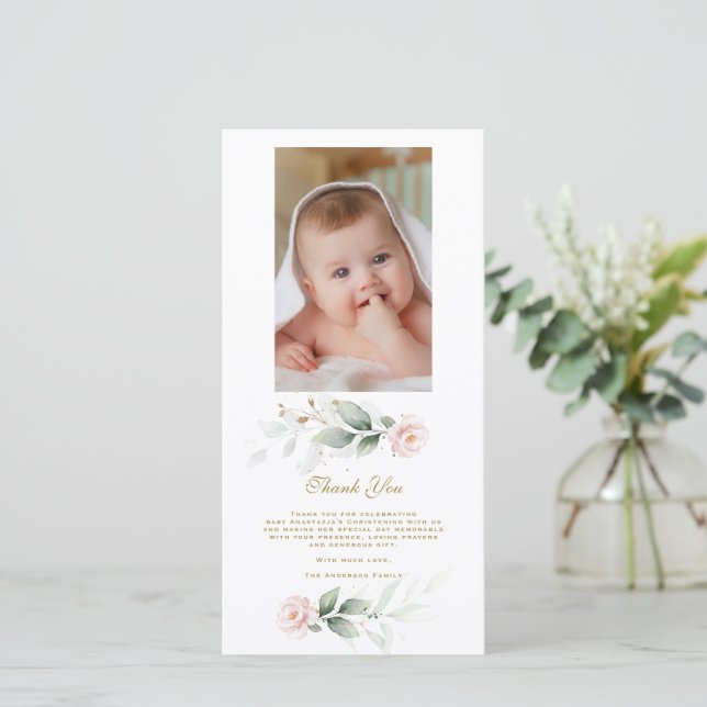 Greenery Pink Floral Gold Photo Christening  Thank You Card (Standing Front)