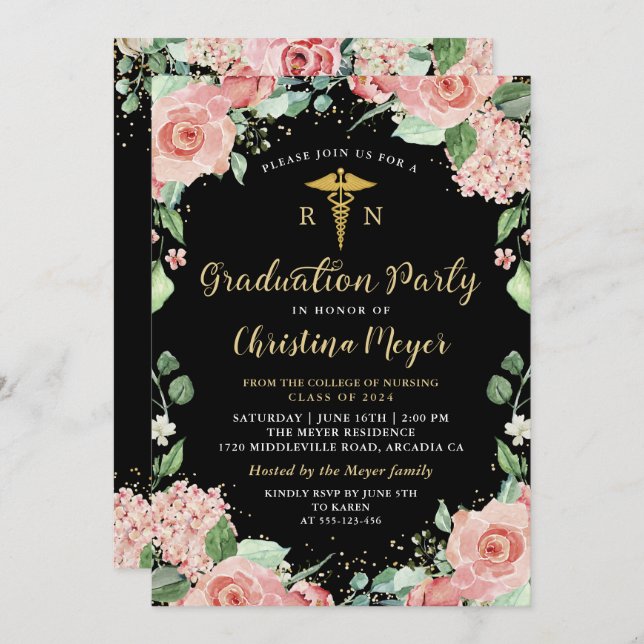 Greenery Pink Floral RN Nursing Graduation Party Invitation (Front/Back)