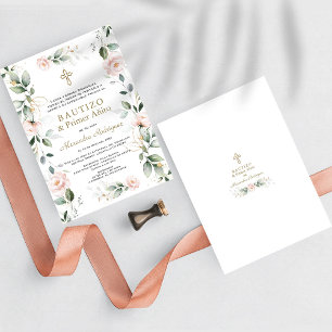Greenery Pink Floral Spanish 1st Birthday Baptism Invitation