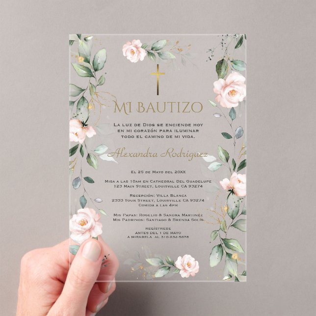 Greenery Pink Floral Spanish Mi Bautizo Baptism Acrylic Invitations (Insitu (Handheld))