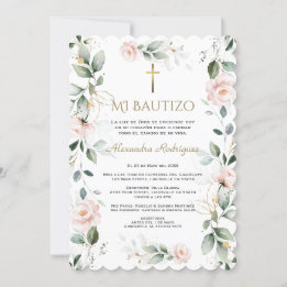 Greenery Pink Floral Spanish Mi Bautizo Baptism Invitation