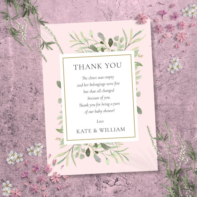 Greenery Pink Girl Baby Shower Poem  Thank You Card (Greenery Pink Girl Baby Shower Poem Thank You Card)