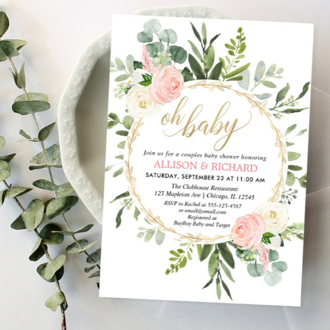 Greenery pink gold elegant couples baby shower invitation (Creator Uploaded)