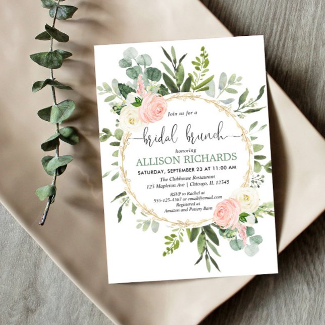 Greenery pink gold eucalyptus floral bridal brunch invitation (Creator Uploaded)