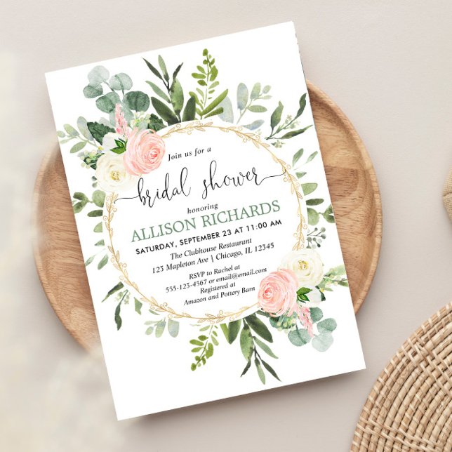 Greenery pink gold eucalyptus floral bridal shower invitation (Creator Uploaded)