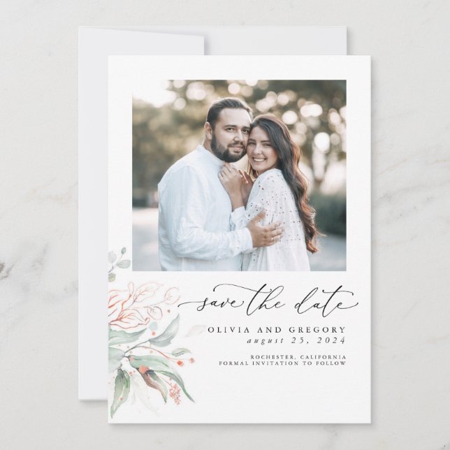 Greenery Pink Gold Leaves Boho Save The Date Photo (Front)