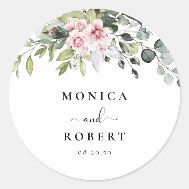 Greenery Pink Rose Wedding Classic Round Sticker (Front)