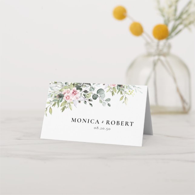Greenery Pink Rose Wedding Folded Place Cards (Front)