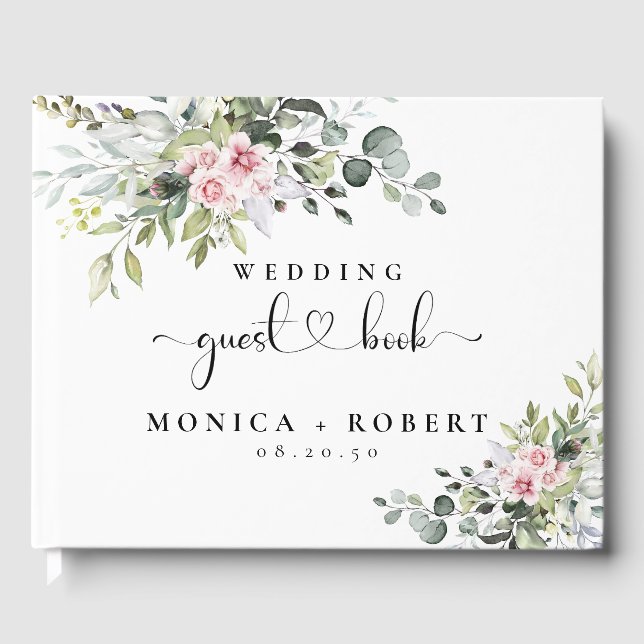 Greenery Pink Rose Wedding Guest Book (Front)