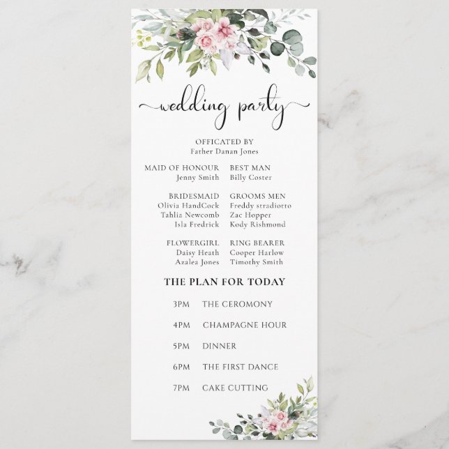 Greenery Pink Rose Wedding Program (Back)