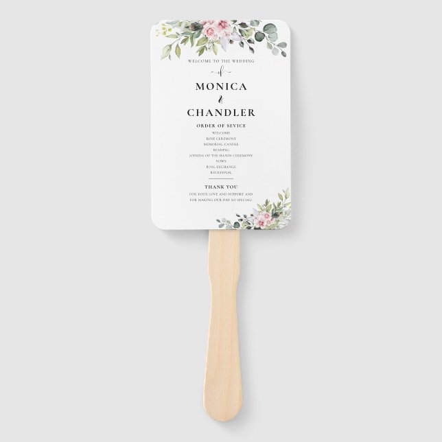Greenery Pink Rose Wedding Program Hand Fan (Front)