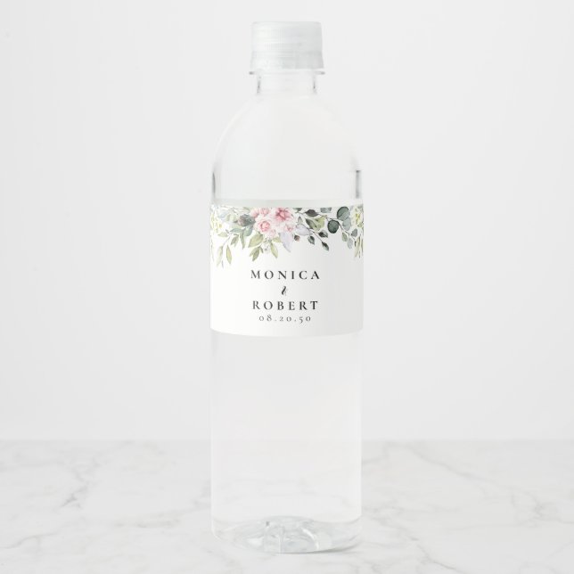 Greenery Pink Rose Wedding Water Bottle Labels (Front)