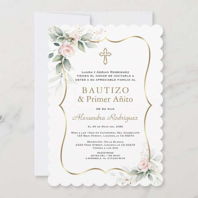Greenery Pink Roses Spanish 1st Birthday Baptism Invitation (Front)