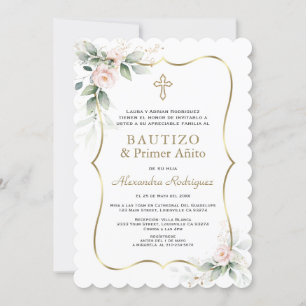 Greenery Pink Roses Spanish 1st Birthday Baptism Invitation