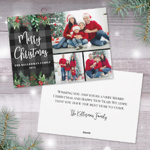 Greenery Plaid Photo Collage Merry Christmas Holiday Card