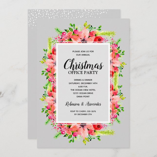 Greenery Poinsettias Floral Christmas Invitations (Front/Back)