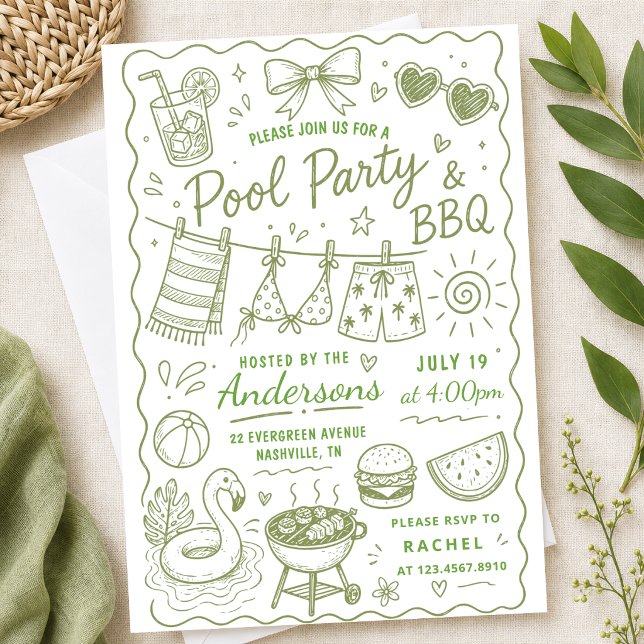 Greenery Pool Party BBQ Summer Hand Drawn Doodle Invitation (Creator Uploaded)