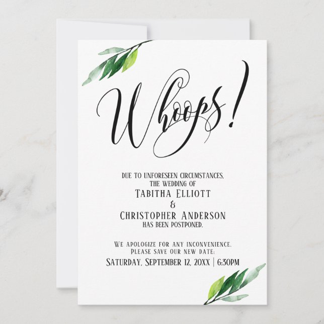 Greenery Postponed Wedding "Whoops!" Announcement (Front)