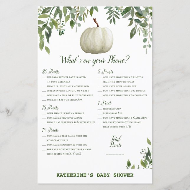 Greenery Pumpkin Baby Shower Game PRINTED (Front)