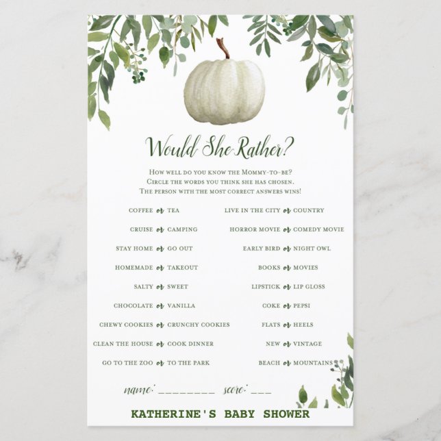 Greenery Pumpkin Baby Shower Game PRINTED (Front)