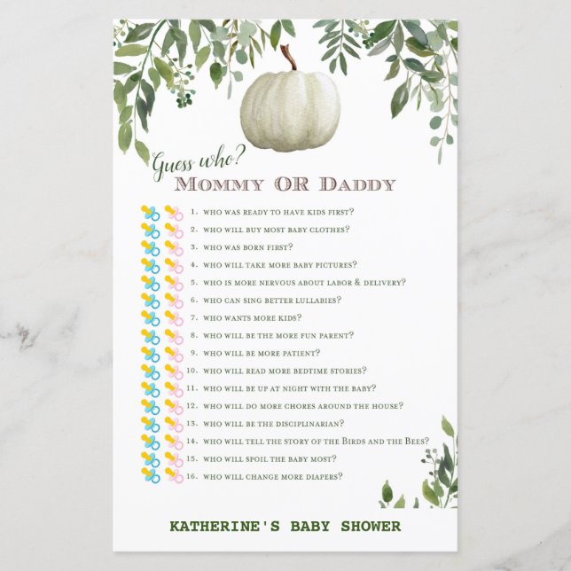 Greenery Pumpkin Baby Shower Game PRINTED (Front)