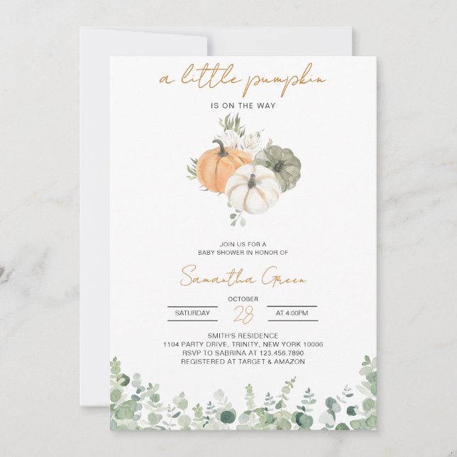 Greenery Pumpkin Baby Shower Invitation (Front)