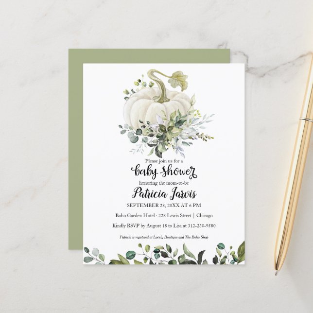 Greenery Pumpkin Budget Baby Shower Invitation (Front/Back In Situ)