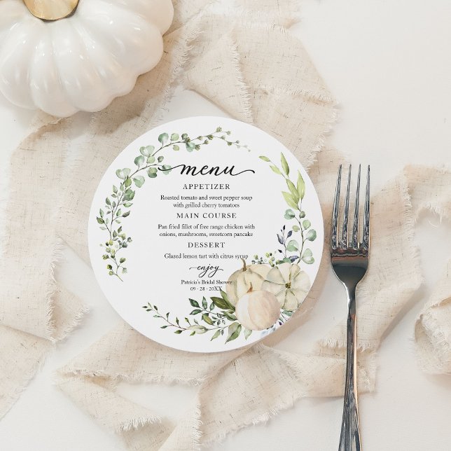 Greenery Pumpkin Fall Bridal Shower Round Menu Invitation (Creator Uploaded)