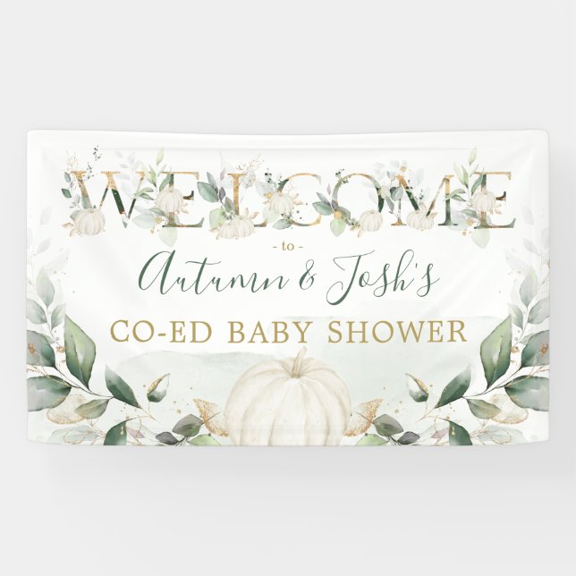 Greenery Pumpkin Fall Coed Baby Shower Welcome Banner (Horizontal)