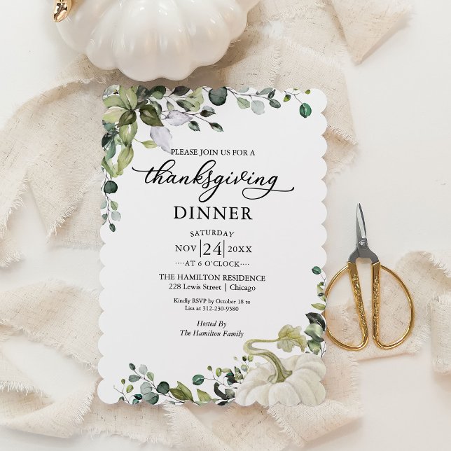 Greenery Pumpkin Thanksgiving Dinner Invitation (Creator Uploaded)